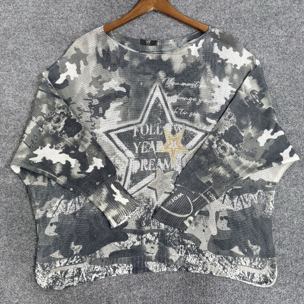 NT Sweater Womens One Size Gray Camo Star Quote Dolman Open Knit Pullover Top